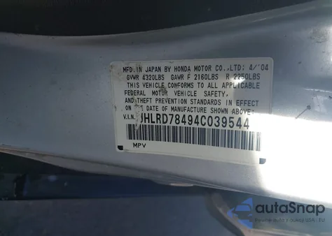 2004 Honda Cr-V Lx z USA, uszkodzony, nr VIN JHLRD78494C039544